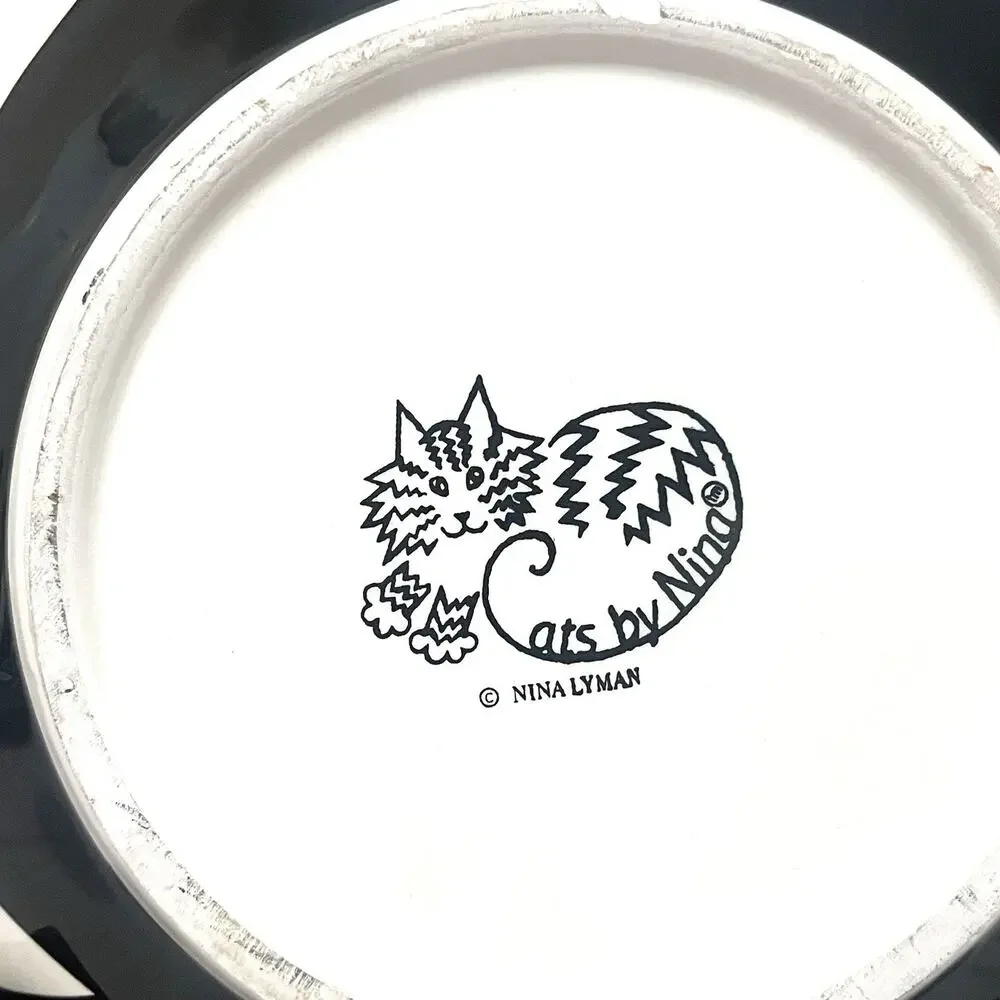 Cats By Nina Bowl Hand Painted Nina Lyman 8 Inches Black Tabby Cat Green Eyes